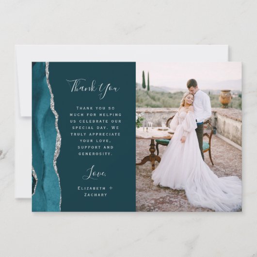 Carte De Remerciements Photo Turquoise Blue Agate Mariage de script Silve (Devant)