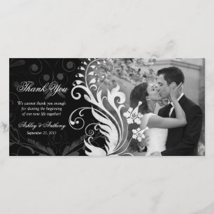 Carte De Remerciements Photocard en Mariage noir et blanc floral