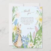 Carte De Remerciements Pierre le lapin Printemps fleurs Baby shower bleu (Devant)