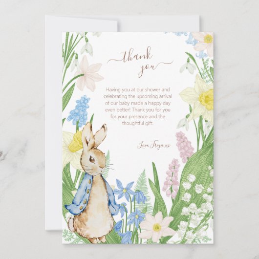 Carte De Remerciements Pierre le lapin Printemps fleurs Baby shower bleu (Devant)