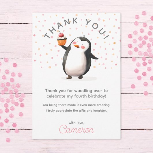 Carte De Remerciements Pingouin de cupcake rose célébration anniversaire 