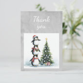 Carte De Remerciements Pingouins aquarelle décorant l'arbre de Noël (Debout devant)