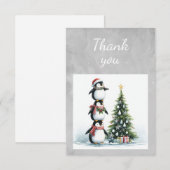 Carte De Remerciements Pingouins aquarelle décorant l'arbre de Noël (Devant / Derrière)