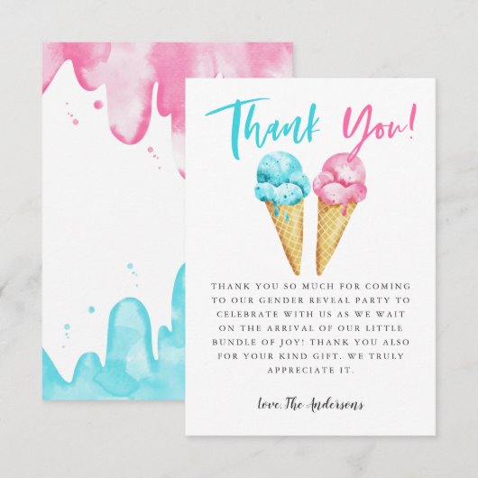 Carte De Remerciements Pink and Blue Ice Cream Svela Party (Devant / Derrière)