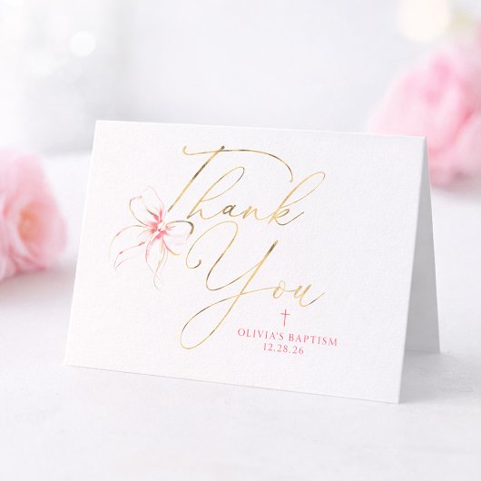 Carte De Remerciements Pink and Gold Bow Baptism Thank You