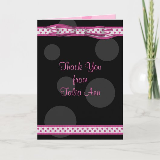 Carte De Remerciements Pink Black Polka Dot Ribbon Bat Mitzvah Thank You (Devant)