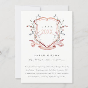 Carte De Remerciements Pink Blush Fleur sauvage Aquarelle Crest Graduatio