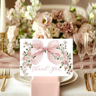 Carte De Remerciements Pink Bow Floral Girl Baby Shower Thank You Card