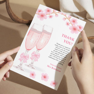 Carte De Remerciements Pink Bow Floral Petals and Prosecco Bridal Shower 
