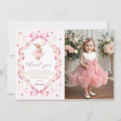 Carte De Remerciements Pink Bow Gingham Bunny 1st Birthday (Devant)