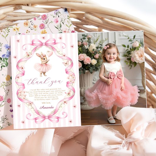 Carte De Remerciements Pink Bow Gingham Bunny 1st Birthday