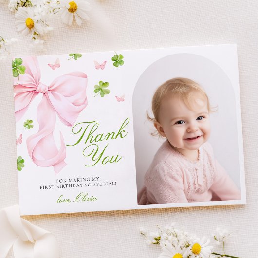 Carte De Remerciements Pink Bow Lucky One Birthday Flat Thank You Card