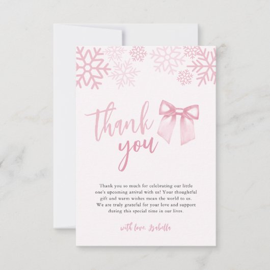 Carte De Remerciements Pink Bow Snowflakes Winter Baby Shower (Devant)