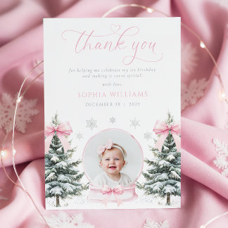 Carte De Remerciements Pink Bow Winter Onderland First Birthday