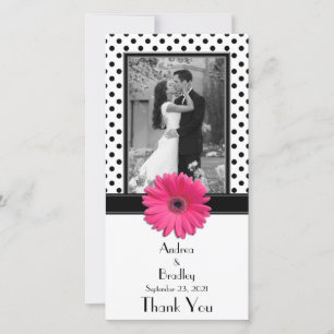 Carte De Remerciements Pink Daisy noir blanc Polka Mariage Photocard