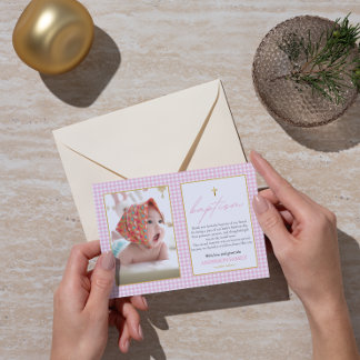 Carte De Remerciements Pink En vichy Girl Baptême coeur Gratitude Note