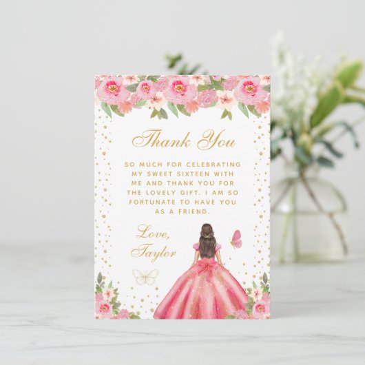 Carte De Remerciements Pink Floral Brunette Hair Princess Sweet sixteen (Debout devant)