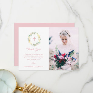 Carte De Remerciements Pink Floral First Holy Communion Photo