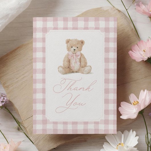 Carte De Remerciements Pink Gingham Teddy Bear Baby Shower