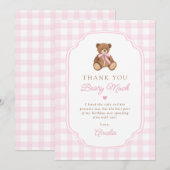 Carte De Remerciements Pink Gingham Teddy Bear Beary First Birthday (Devant / Derrière)