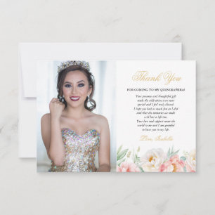 Carte De Remerciements Pink & Gold Elegant Floral Photo Quinceañera