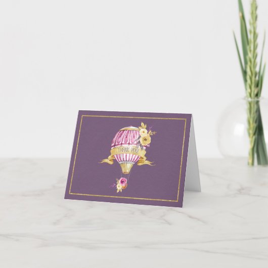 Carte De Remerciements Pink+Gold Hot Air Balloon "Merci" (Devant)