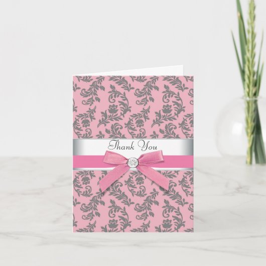 Carte De Remerciements Pink Gray Damask Thank (Devant)