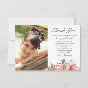 Carte De Remerciements Pink & Green Elegant Floral Photo Quinceañera