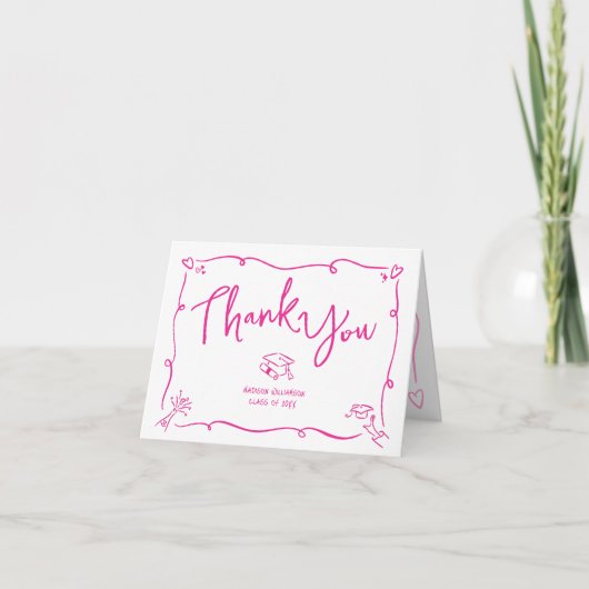 Carte De Remerciements Pink Hand Drawn Doodle Style Graduation White Fun (Devant)