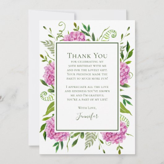Carte De Remerciements Pink Hydrangeas 50th Birthday (Devant)