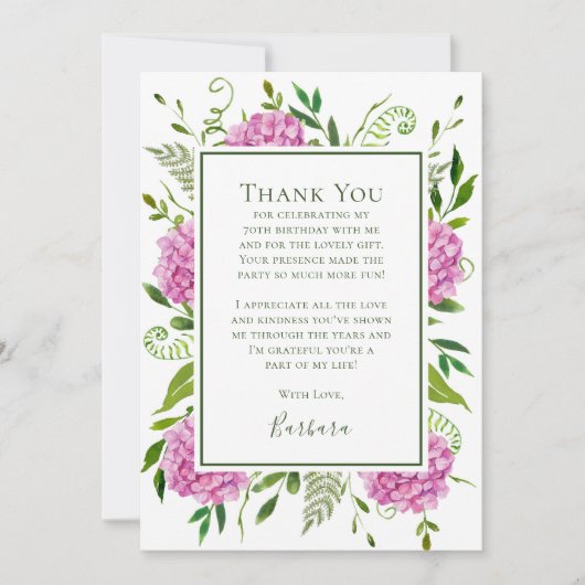 Carte De Remerciements Pink Hydrangeas 70th Birthday  (Devant)