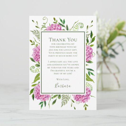 Carte De Remerciements Pink Hydrangeas 70th Birthday  (Debout devant)