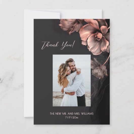 Carte De Remerciements Pink Metallic Black Floral Wedding Thank You (Devant)