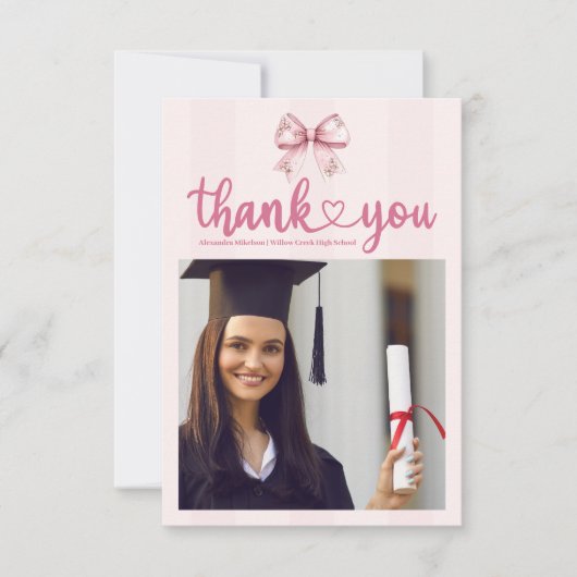 Carte De Remerciements Pink Photo Blush Bow Graduation Party (Devant)