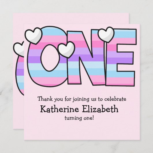 Carte De Remerciements Pink Purple Ombre Grille Coeurs Premier anniversai (Devant / Derrière)