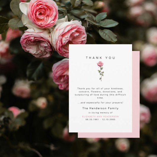 Carte De Remerciements Pink Rose Bereavement Funeral Thank You