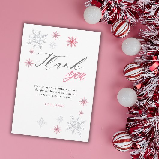 Carte De Remerciements Pink Silver Glitter Snowflakes 1st Birthday Party 