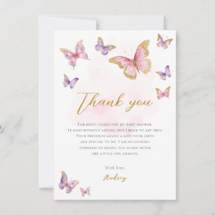 Carte De Remerciements Pink violet or petit papillon Baby shower fille