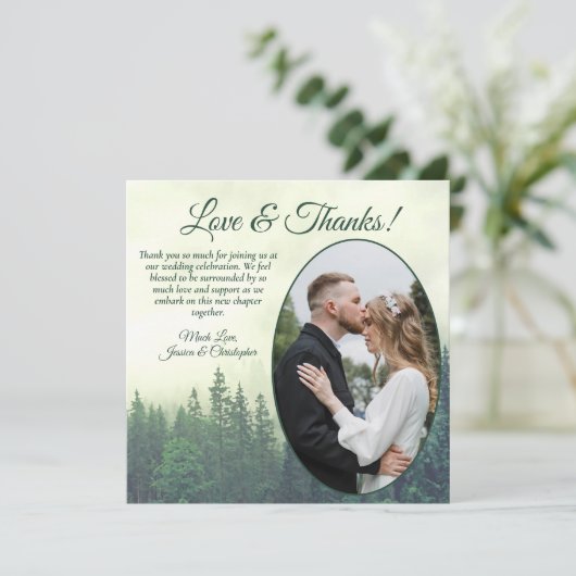 Carte De Remerciements Pins vert Foggy Arbres Mariage rustique Oval Photo (Debout devant)