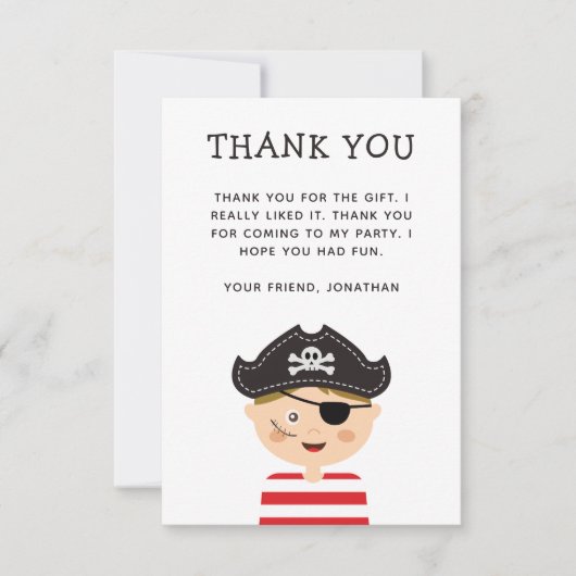 Carte De Remerciements Pirate Kids or Boy Birthday Party | Cute Childrens (Devant)