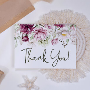 Carte De Remerciements Pivoines Floral Élégant Bourgogne Rose