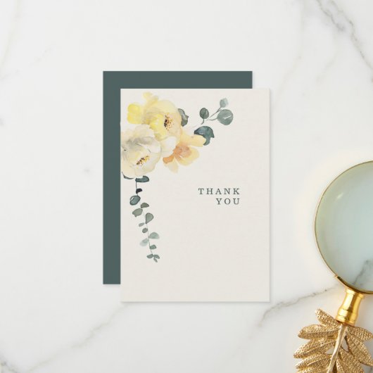 Carte De Remerciements Pivoines jaunes sarcelle et crème Obsèques Perte d (Devant/Arrière en situation)