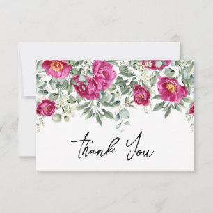 Carte De Remerciements Pivoines Vert Foncé Mariage Aquarelle Magenta