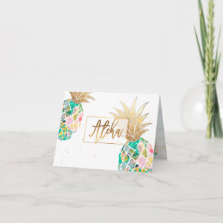 Carte De Remerciements PixDezines Aloha Ananas, Turquoise Green Faux Gold