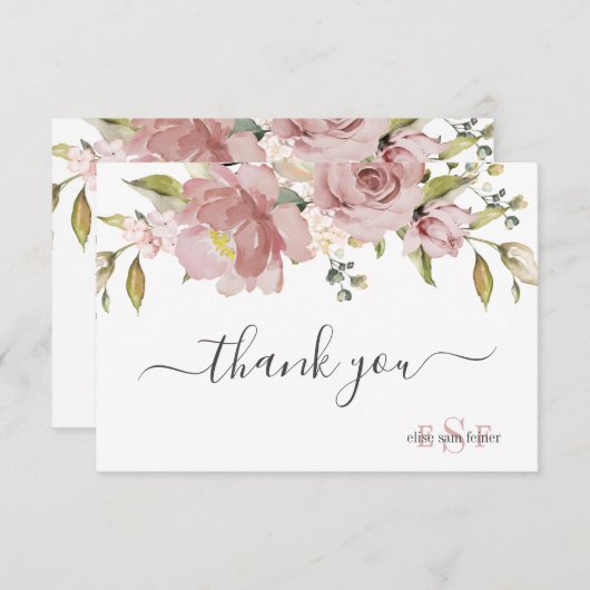 Carte De Remerciements PixDezines Monogram H2 Fleurs Rose Poussiéreux   (Devant / Derrière)