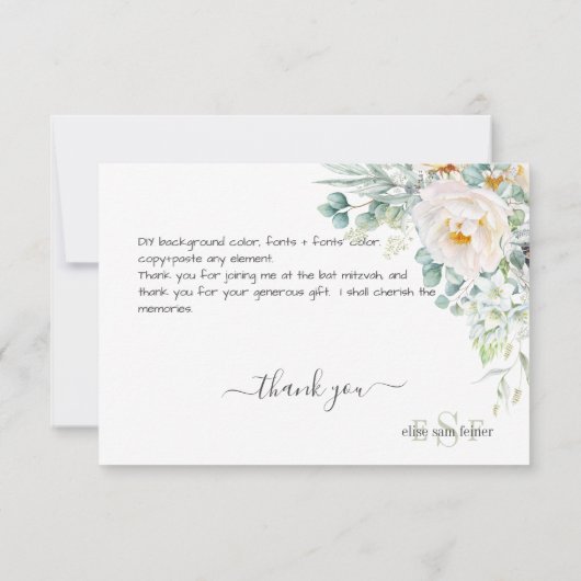 Carte De Remerciements PixDezines Monogramme Pivoines Anémone Aquarelle (Dos)