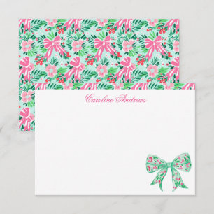 Carte De Remerciements Plage de palmiers roses et verts de Preppy Bow Hol