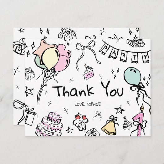 Carte de remerciements plat, main tirée (Devant / Derrière)