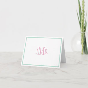 Carte de remerciements plié Monogramme vert et ros
