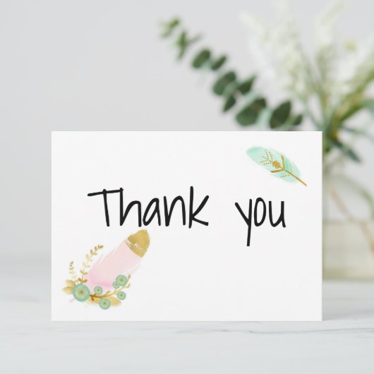 Carte De Remerciements Plumes Boho rose et or (Debout devant)